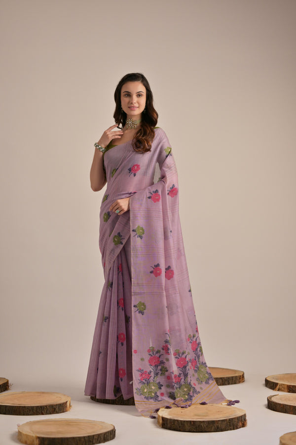 Lilac Lavender Pichway Rose Woven Design Muga Cotton Saree