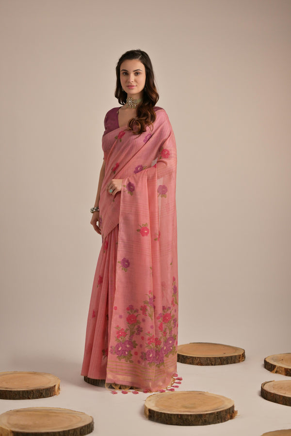 Salmon Pink Pichway Rose Woven Design Muga Cotton Saree