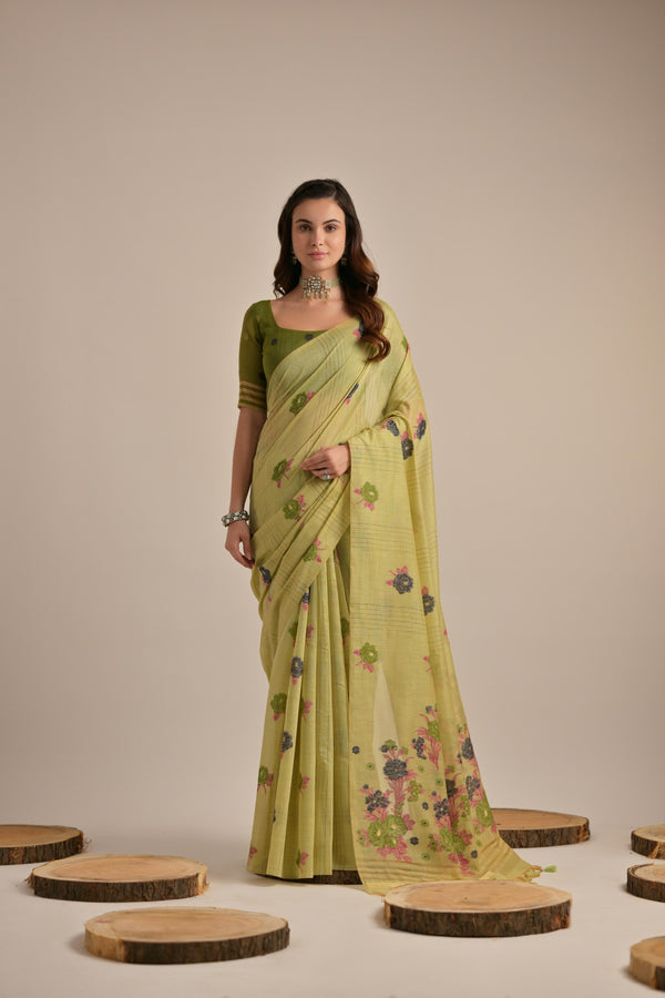 Lime Pista Pichway Rose Woven Design Muga Cotton Saree