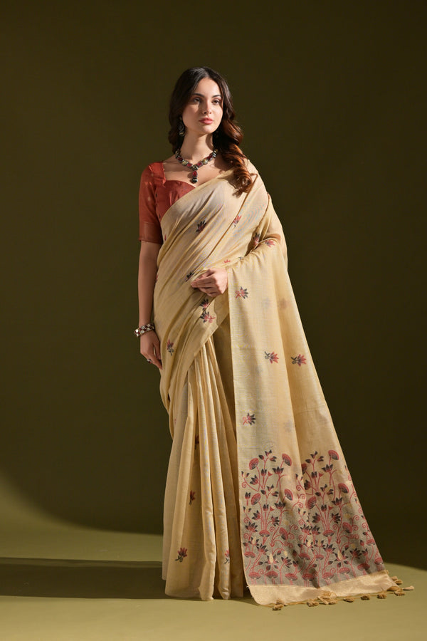 Tuscan Cream Meenakari Weaves Muga Cotton Saree