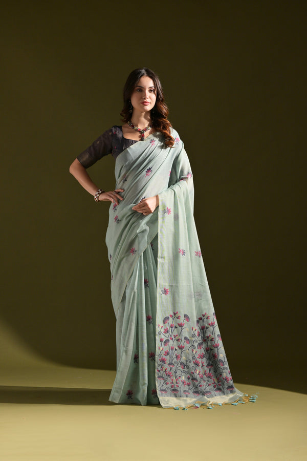 Neptune Firozi Meenakari Weaves Muga Cotton Saree