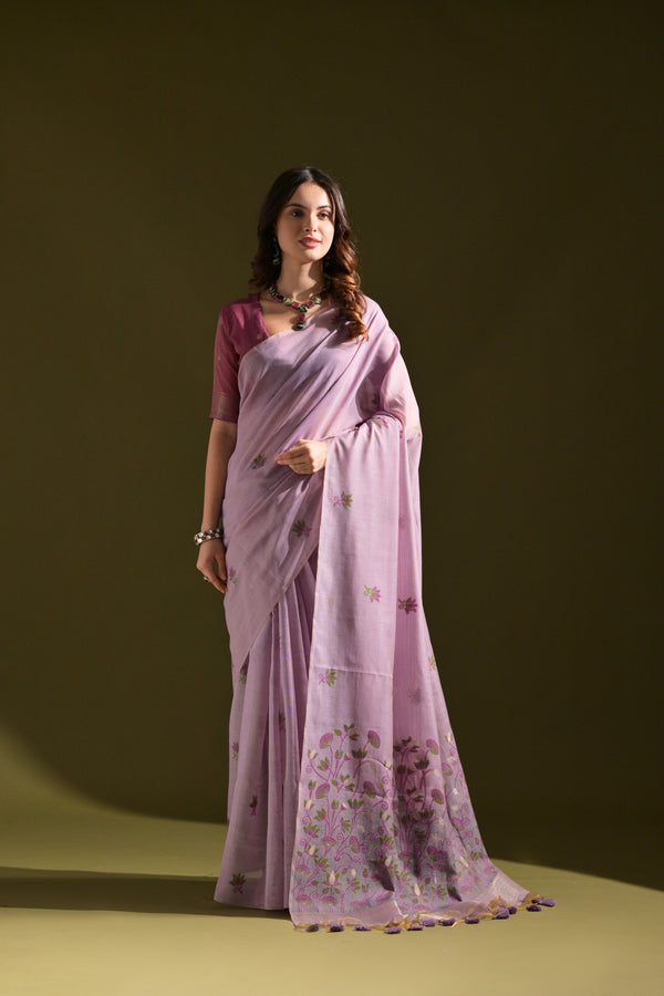 Berry Lavender Meenakari Weaves Muga Cotton Saree