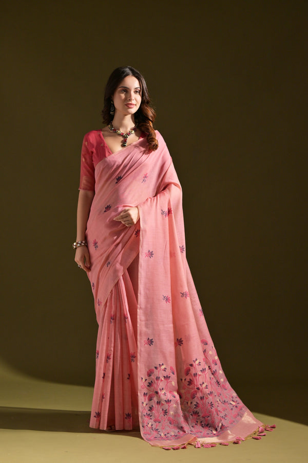 Salmon Pink Meenakari Weaves Muga Cotton Saree