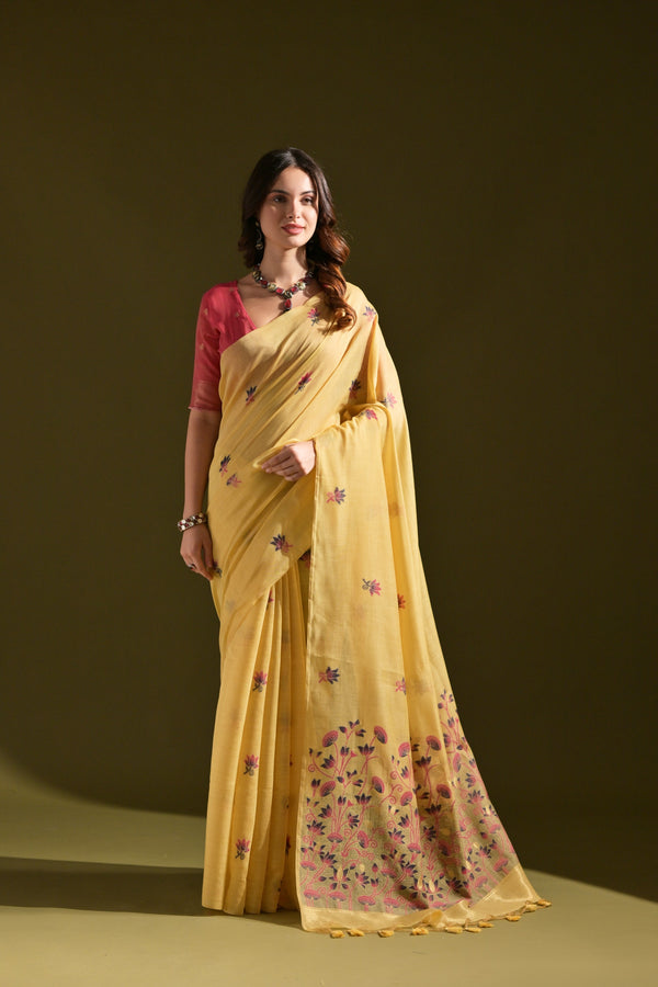 Tuscany Yellow Meenakari Weaves Muga Cotton Saree