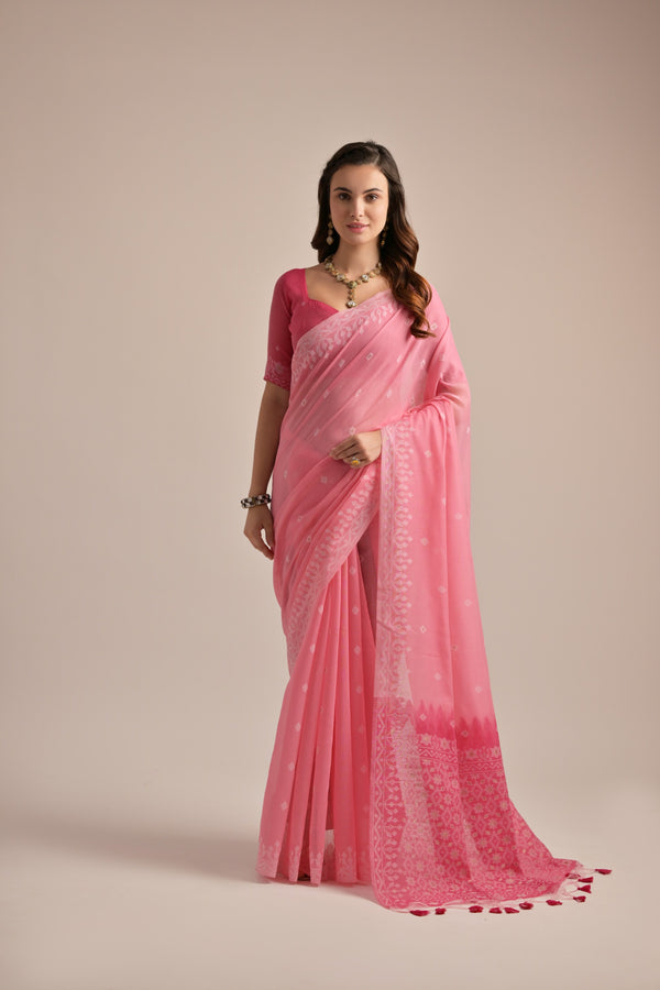 Rouge Pink Lucknowi Weaves Muga Cotton Saree