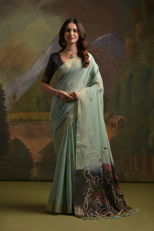 Tiffany Firozi Pichwai Weaves Muga Cotton Saree