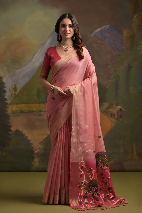 Rose Pink Pichwai Weaves Muga Cotton Saree