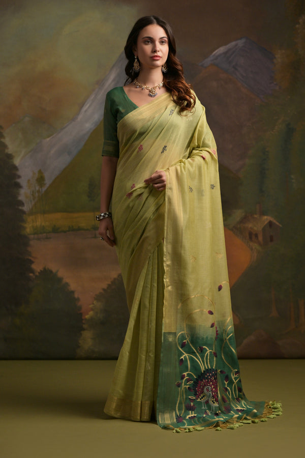 Olive Pista Pichwai Weaves Muga Cotton Saree