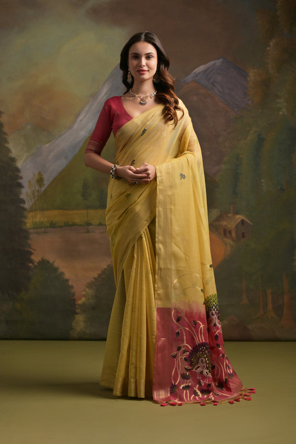 Saffron Yellow Pichwai Weaves Muga Cotton Saree