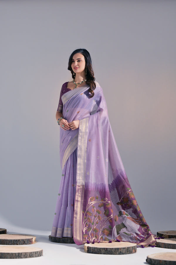 Light Lavender Pichway Woven Design Muga Cotton Saree