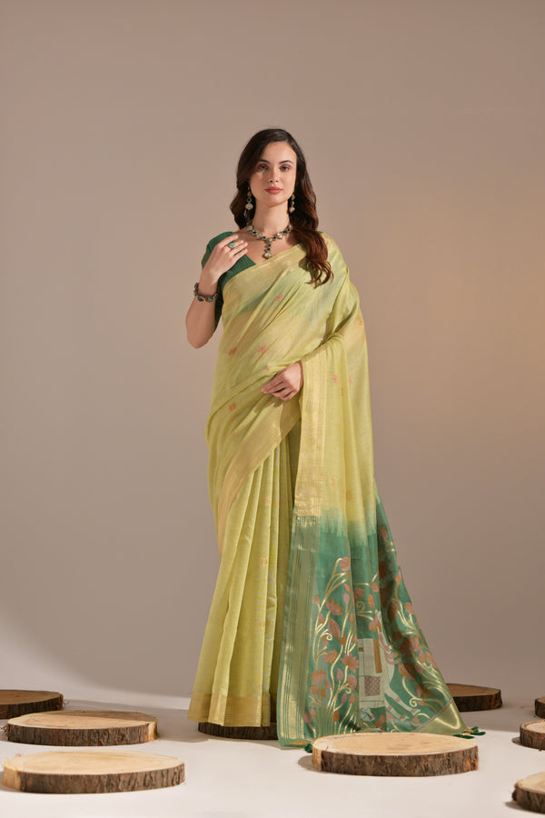 Lime Pista Pichway Woven Design Muga Cotton Saree