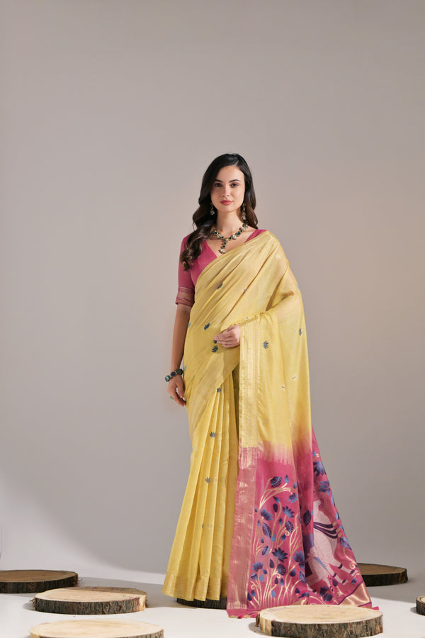 Mustard Yellow Pichway Woven Design Muga Cotton Saree