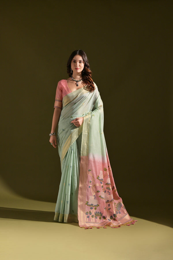 Mint Green Pichway Lotus Woven Design Muga Cotton Saree