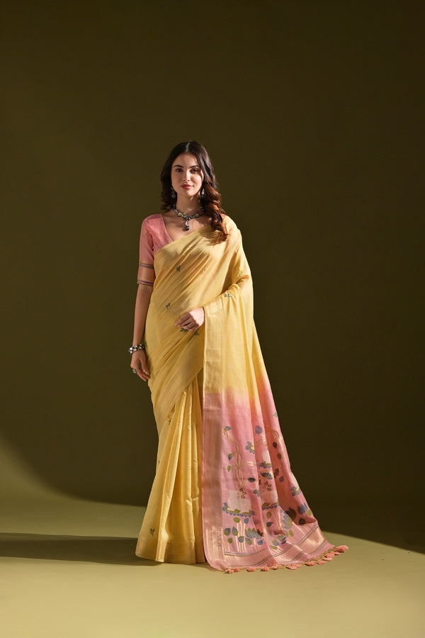 Mustard Yellow Pichway Lotus Woven Design Muga Cotton Saree