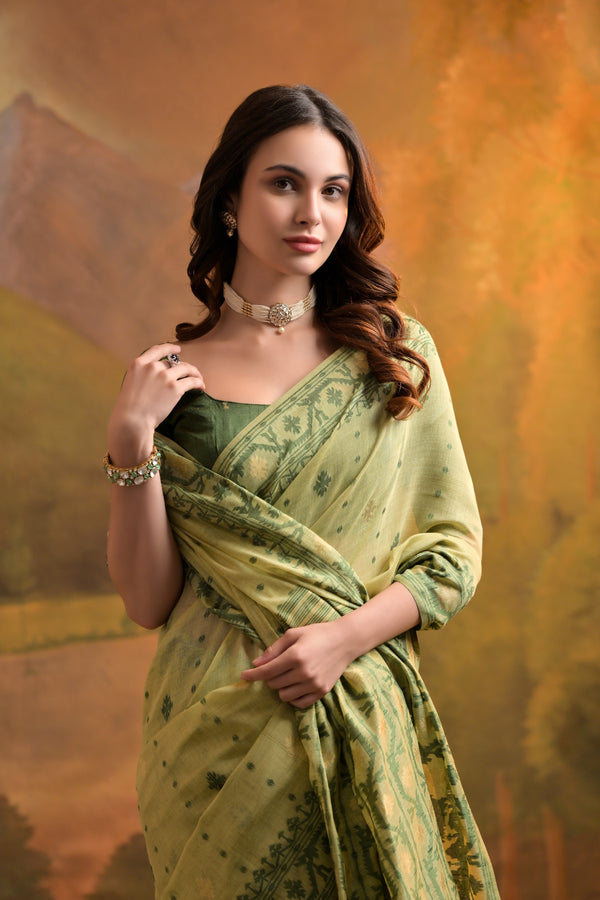 Pear Pista Jamdani Weaves Muga Cotton Saree