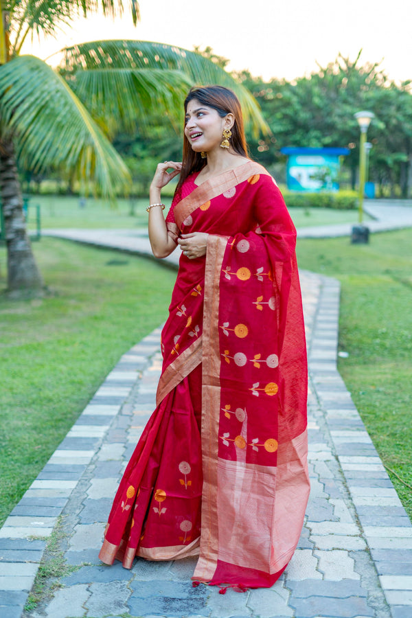 Rose Red Cotton Silk Saree