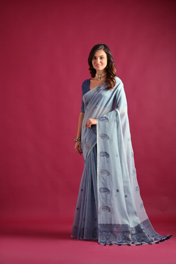 Light Blue Woven Design Mul Pure Cotton Chanderi Saree