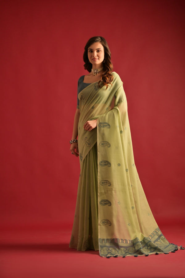 Lime Pista Woven Design Mul Pure Cotton Chanderi Saree