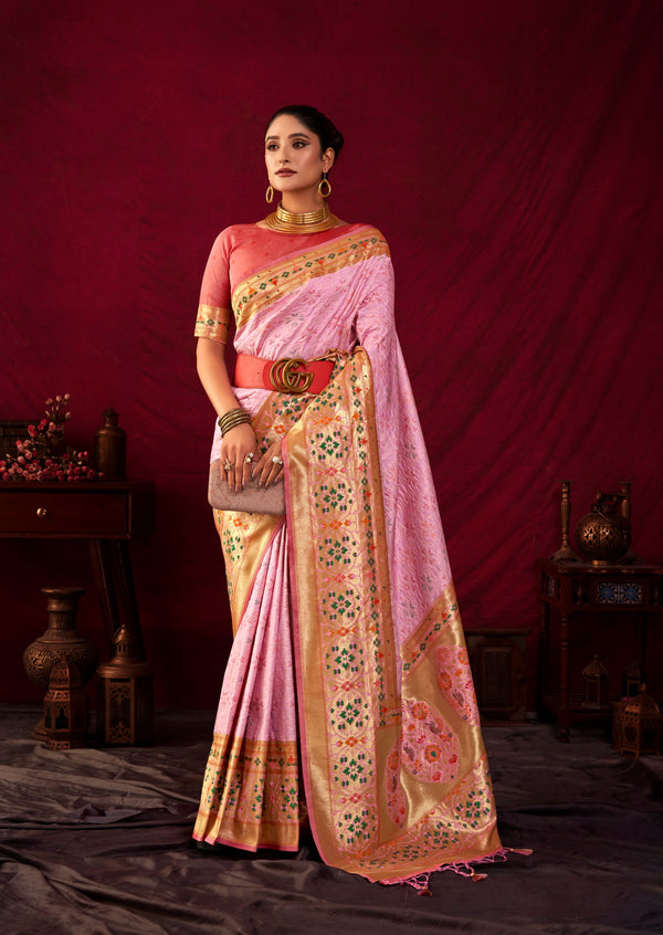 Lovely Rose Pink Meenakari Woven Paithani Silk Saree