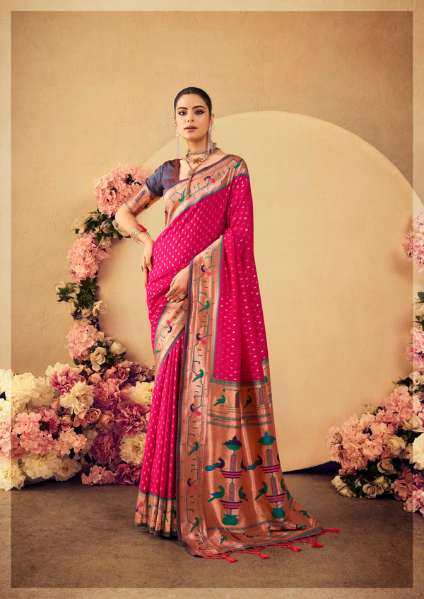 Gorgeous Neon Pink Woven Paithani Silk Saree