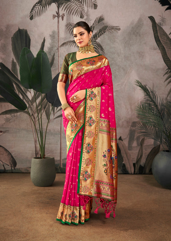 Hot Pink Woven Paithani Silk Saree
