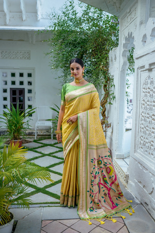 Marigold Yellow Paithani Kanjivaram Saree