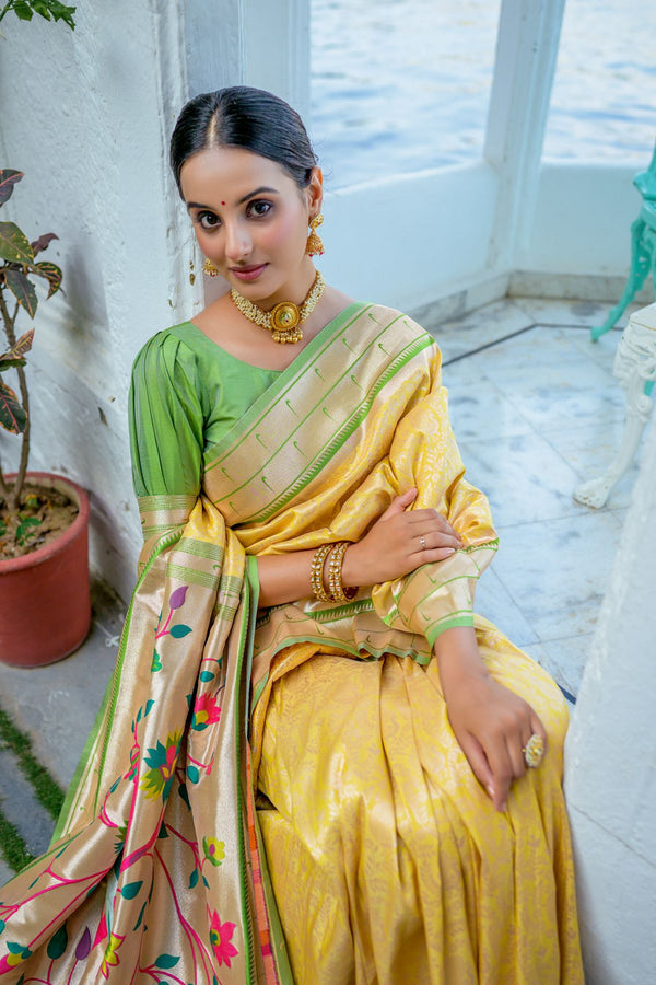 Marigold Yellow Paithani Kanjivaram Saree