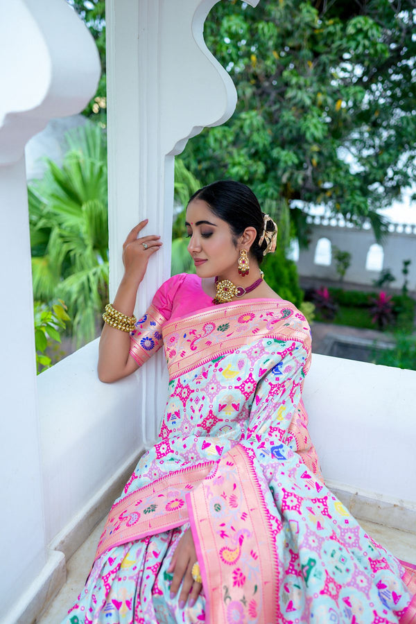 Baby Blue Paithani Silk Saree