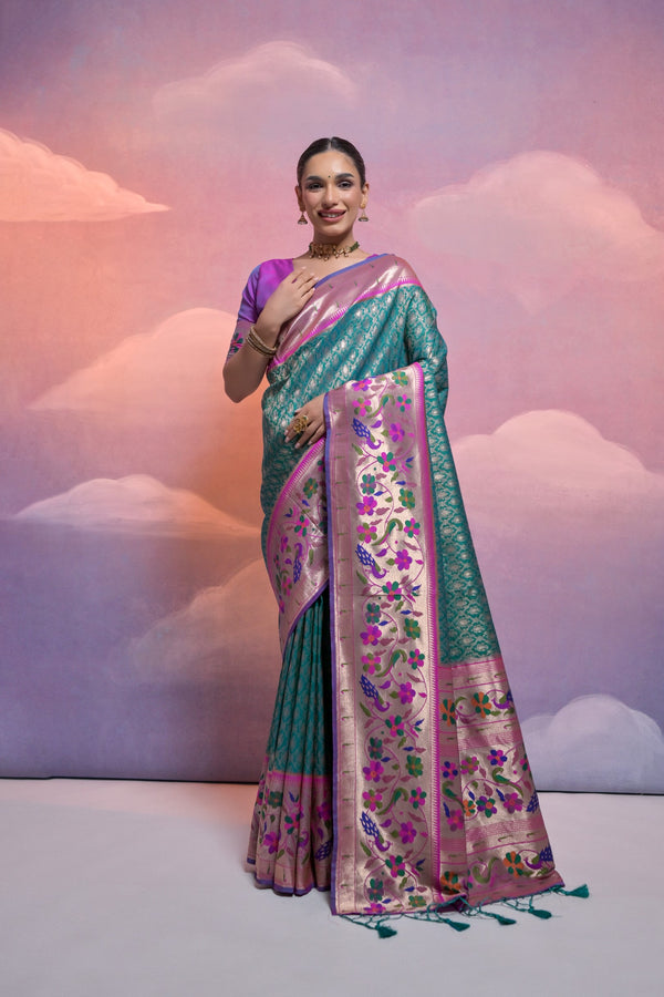 Stunning Egyptian Teal Green Paithani Silk Saree