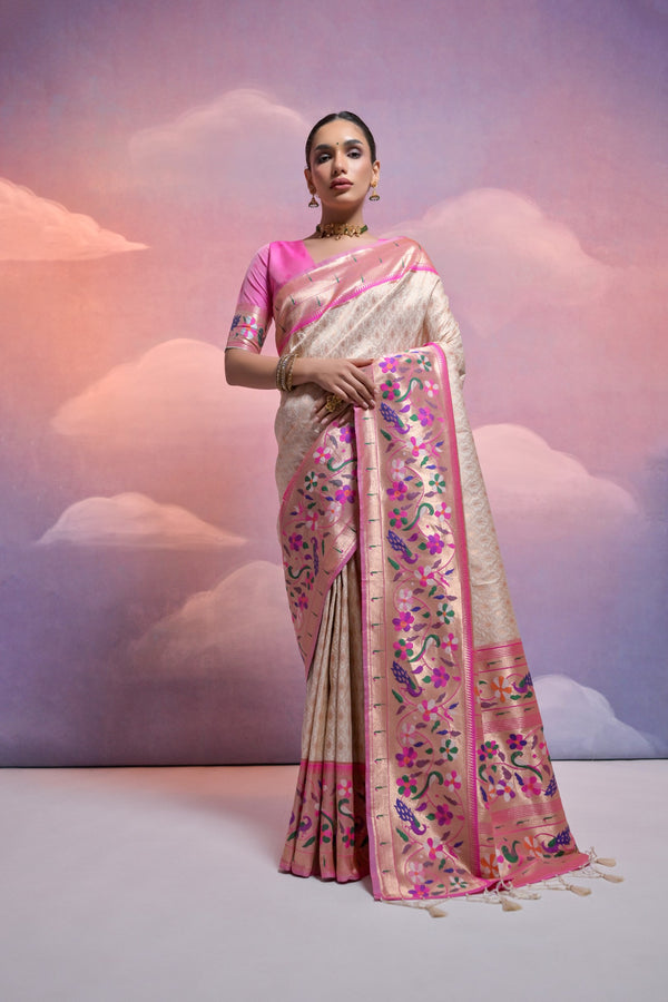 Stunning Floral White Paithani Silk Saree