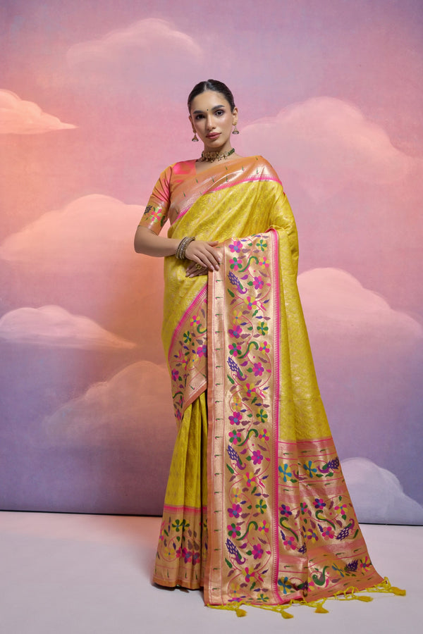 Stunning Lemon Yellow Paithani Silk Saree