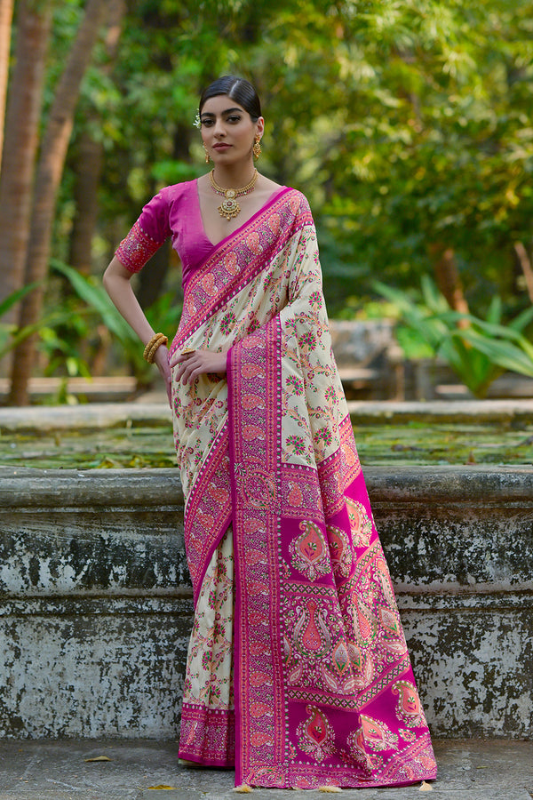 Magenta Cream Ethnic Motifs Woven Design Zari Pashmina Silk Sarees