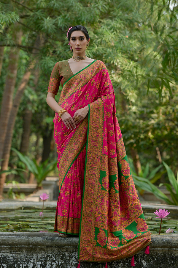 Magenta Pink Ethnic Motifs Woven Design Zari Pashmina Silk Sarees