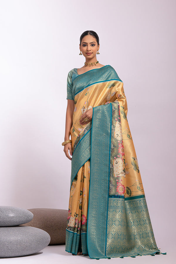 Traditional Mustard Yellow Woven Tissue Silk Saree