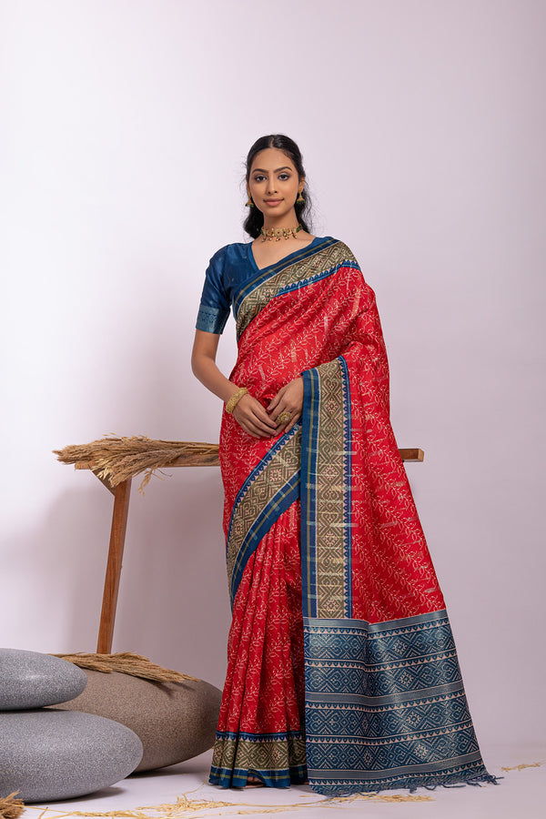 Lovely candy apple red  Printed Tussar Silk Saree