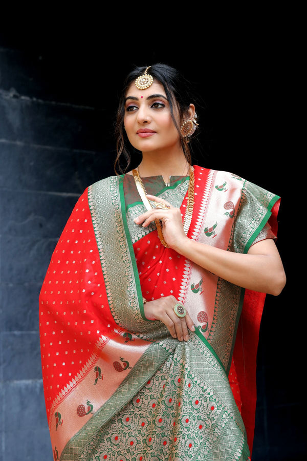 Scarlet Red Bandhani Banarasi Silk Saree