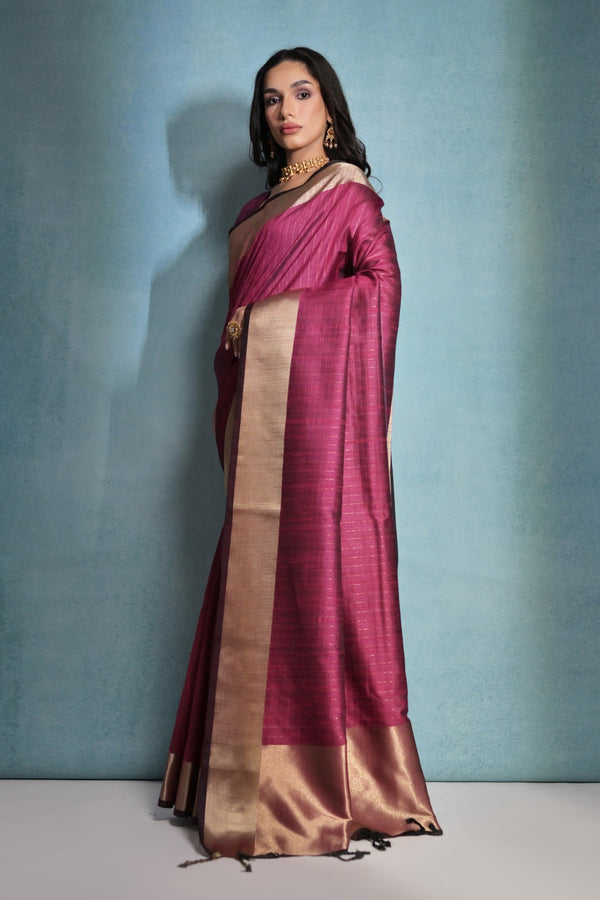 Incredible Magenta Pink Woven Raw Silk Saree