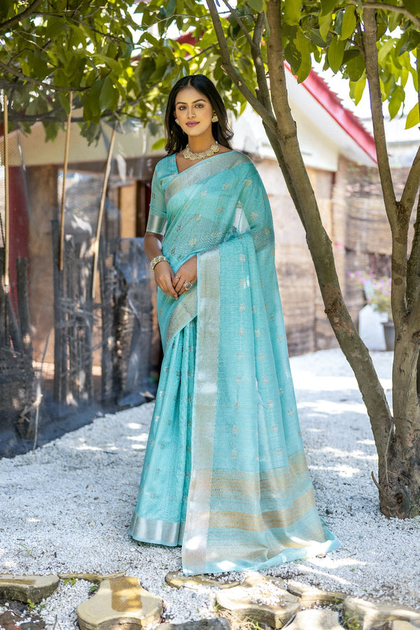 Beautiful Aqua Blue Pure Cotton Saree