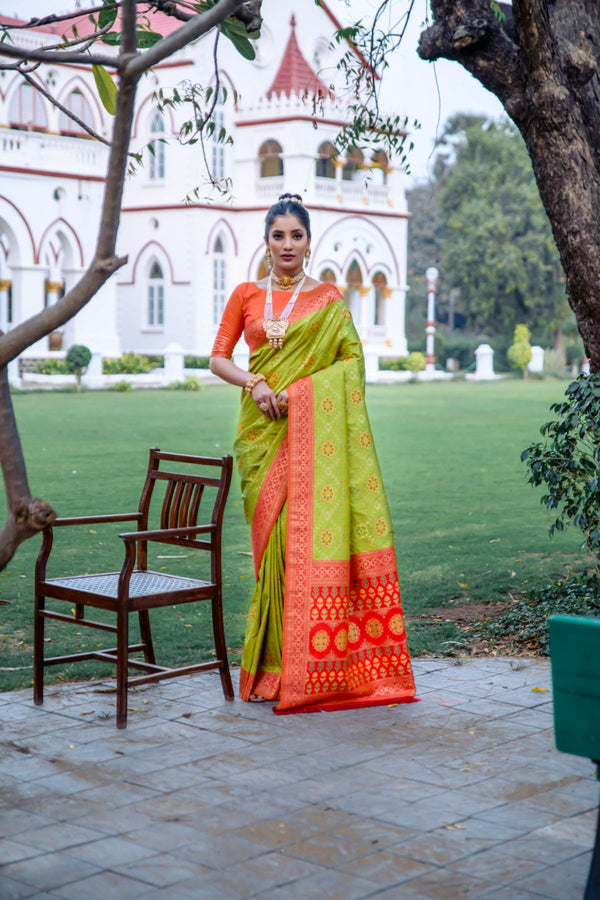 Lime Green Patola Banarasi Silk Saree