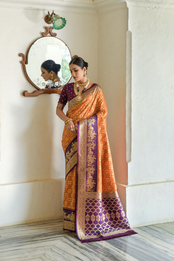 Honey Orange Bandhani Banarasi Silk Saree