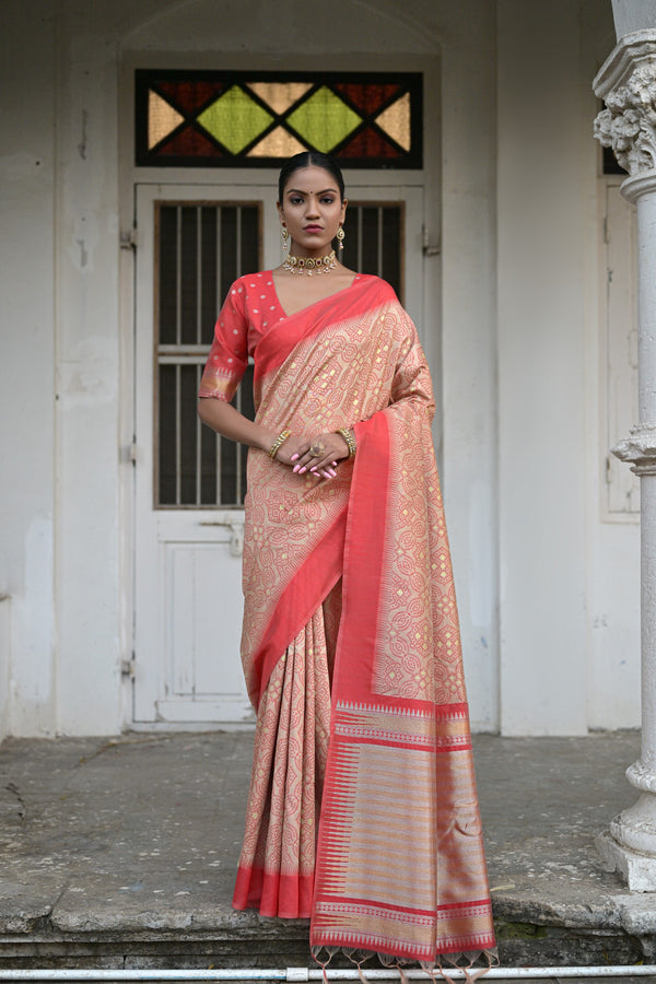 Cream Coffee Badhani raw silk saree