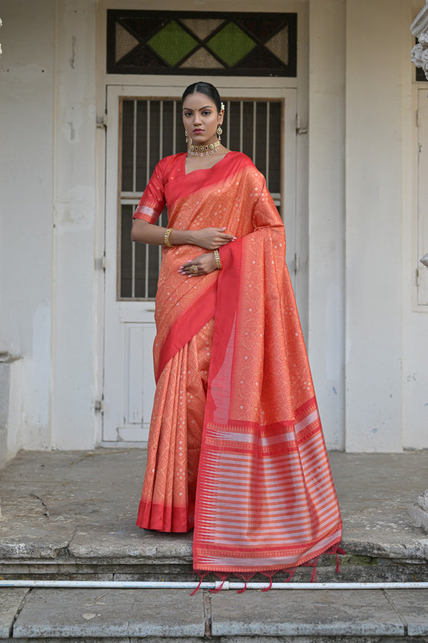 Tiger Orange Badhani raw silk saree