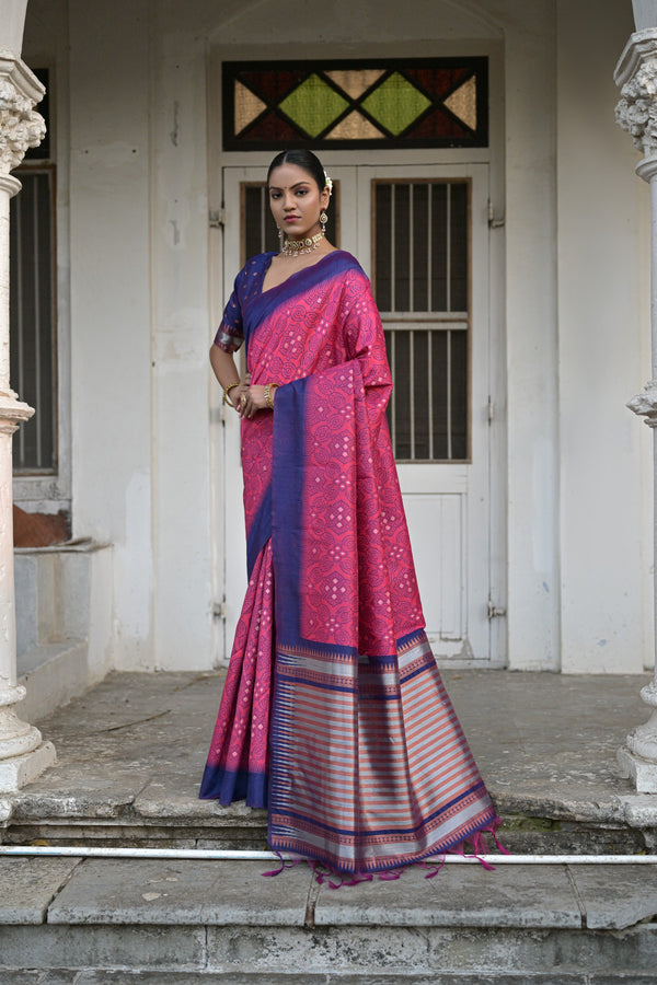 Magenta pink Badhani raw silk saree