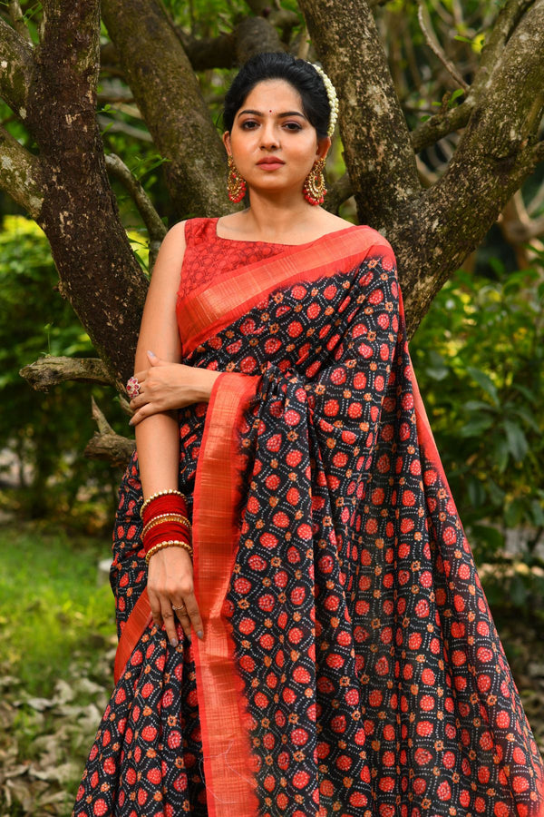 Ruby Red Printed Tussar Silk Saree