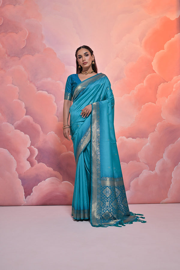 Impressive Azure Blue Soft Silk Saree