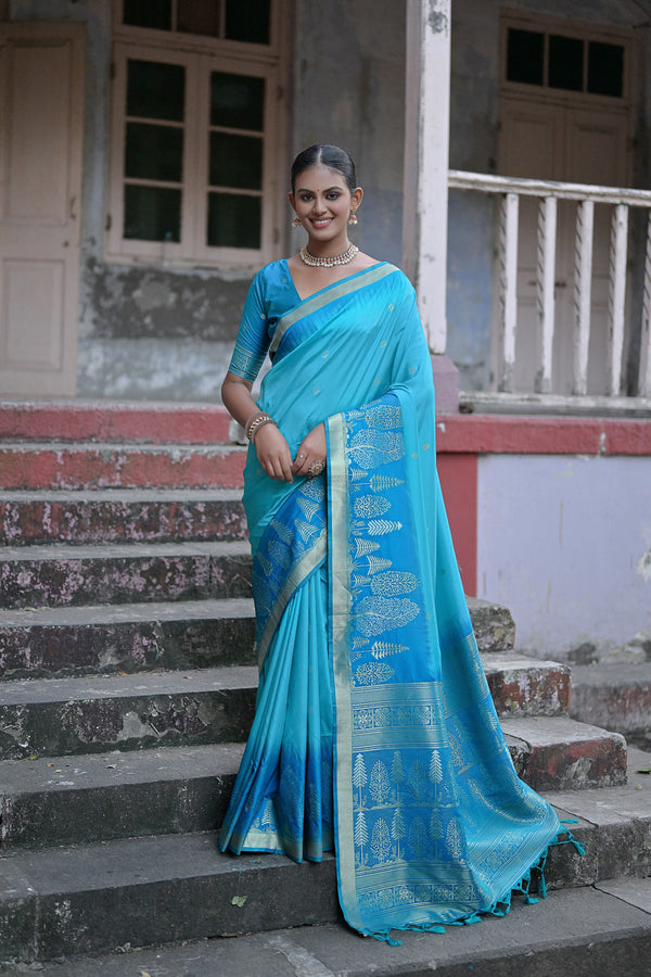 Beautiful Olympic Blue Woven Soft Silk Saree