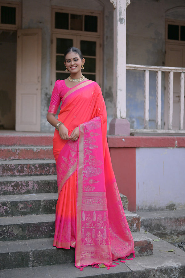 Beautiful Bright Pink Woven Soft Silk Saree