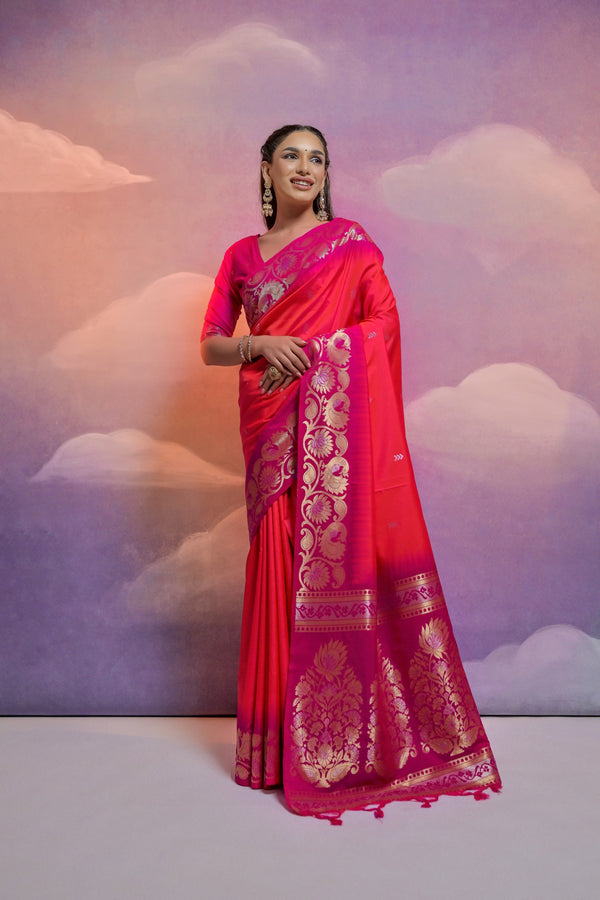 Ravishing Cherise Pink Woven Soft Silk Saree