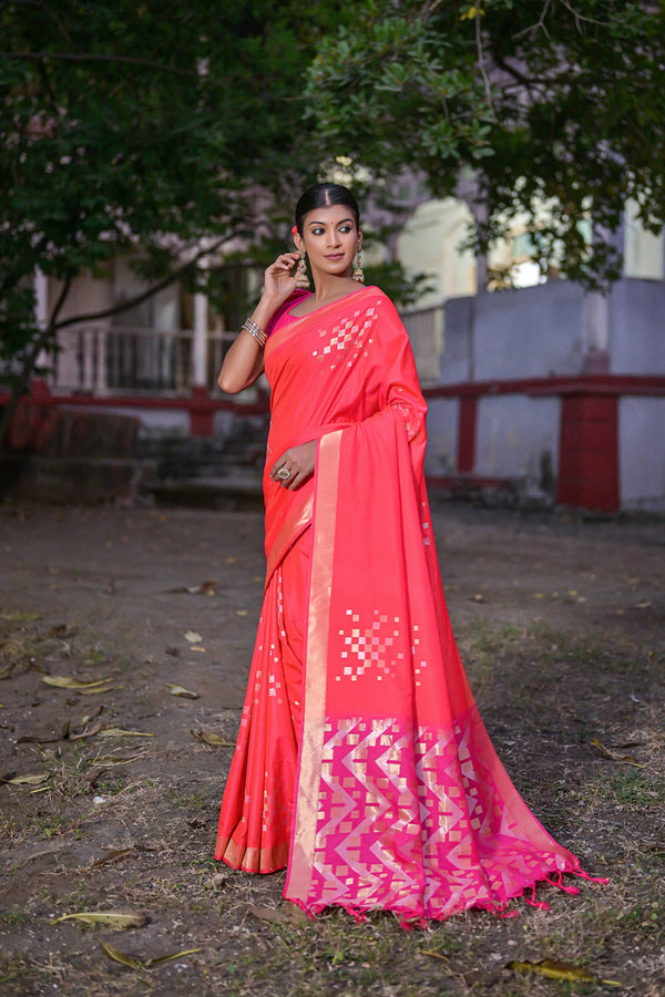 Gorgeous Strawberry Pink Woven Soft Silk Saree