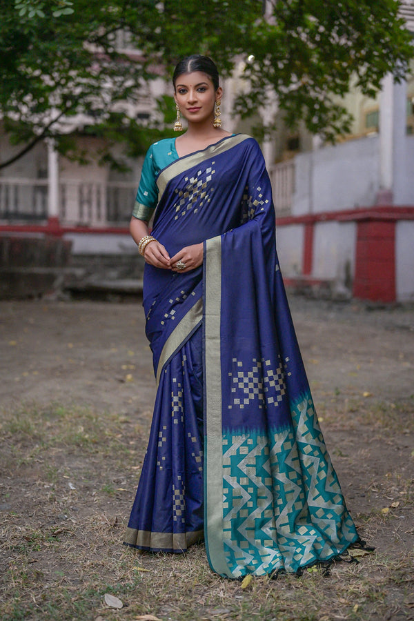 Gorgeous Navy Blue Woven Soft Silk Saree